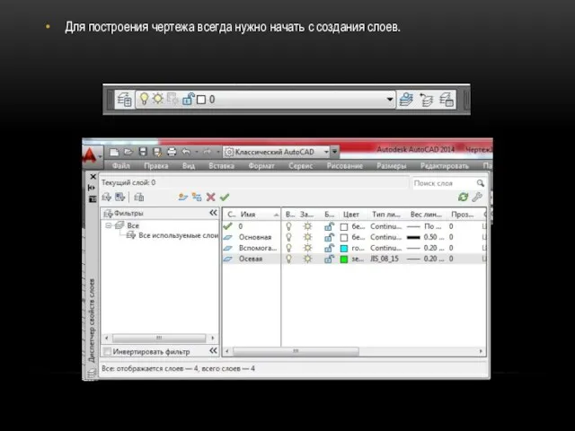 Для построения чертежа всегда нужно начать с создания слоев.