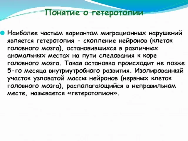 Понятие о гетеротопии Наиболее частым вариантом миграционных нарушений является гетеротопия -