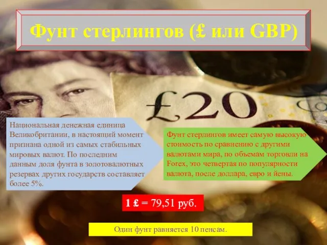 Фунт стерлингов (£ или GBP) Национальная денежная единица Великобритании, в настоящий