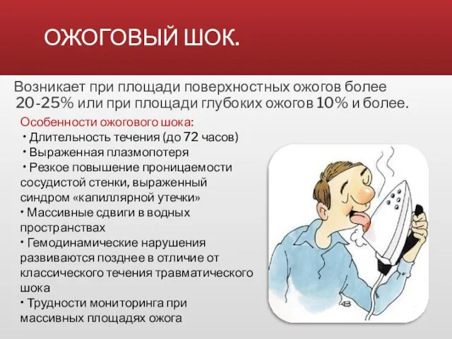 ОЖОГОВЫЙ ШОК. Возникает при площади поверхностных ожогов более 20-25% или при