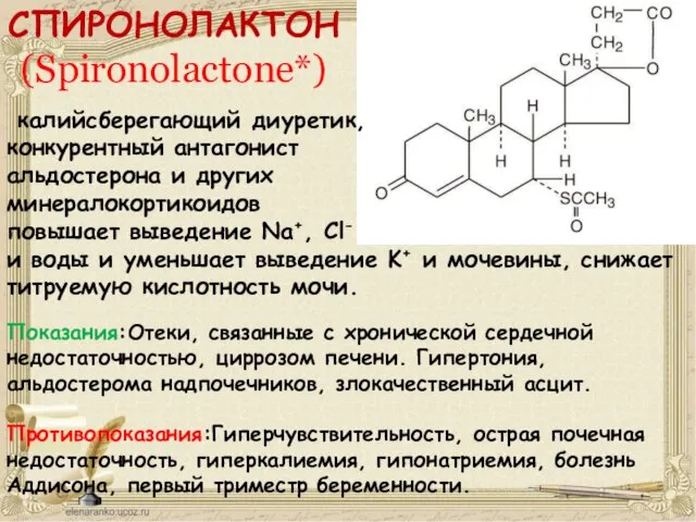 СПИРОНОЛАКТОН (Spironolactone*) калийсберегающий диуретик, конкурентный антагонист альдостерона и других минералокортикоидов повышает