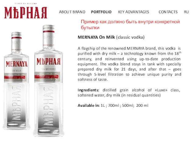 MERNAYA On Milk (classic vodka) A flagship of the renowned MERNAYA