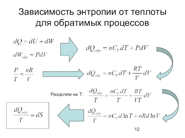 Зависимость энтропии от теплоты для обратимых процессов Разделим на Т: