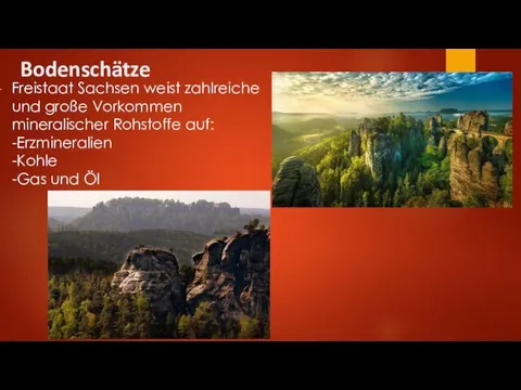 Bodenschätze Freistaat Sachsen weist zahlreiche und große Vorkommen mineralischer Rohstoffe auf: -Erzmineralien -Kohle -Gas und Öl