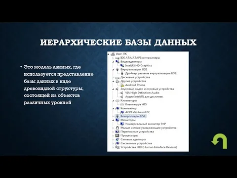 ИЕРАРХИЧЕСКИЕ БАЗЫ ДАННЫХ Это модель данных, где используется представление базы данных