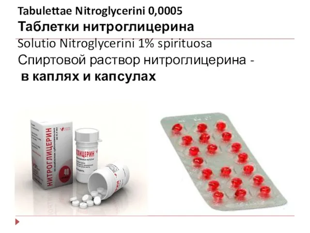 Tabulettae Nitroglycerini 0,0005 Таблетки нитроглицерина Solutio Nitroglycerini 1% spirituosa Спиртовой раствор