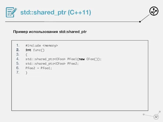 std::shared_ptr (C++11) Пример использования std::shared_ptr #include int func() { std::shared_ptr PFoo1(new