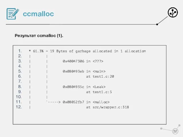 ccmalloc Результат ccmalloc (1). * 61.3% = 19 Bytes of garbage