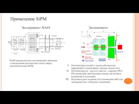 Применение SiPM Эксперимент NA49 NA49 предназначался для измерений связанных с нахождением