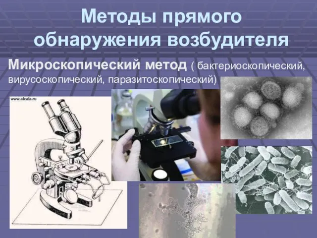 Методы прямого обнаружения возбудителя Микроскопический метод ( бактериоскопический, вирусоскопический, паразитоскопический)