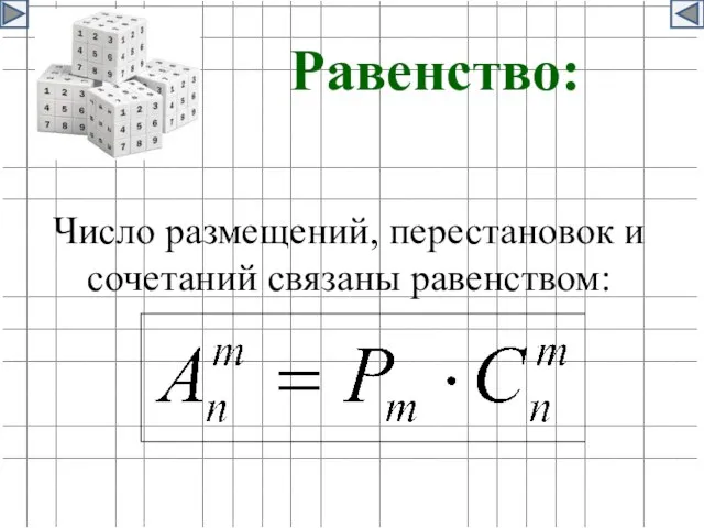 Равенство: Число размещений, перестановок и сочетаний связаны равенством: