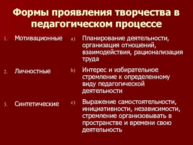 Формы проявления творчества в педагогическом процессе Мотивационные Личностные Синтетические Планирование деятельности,