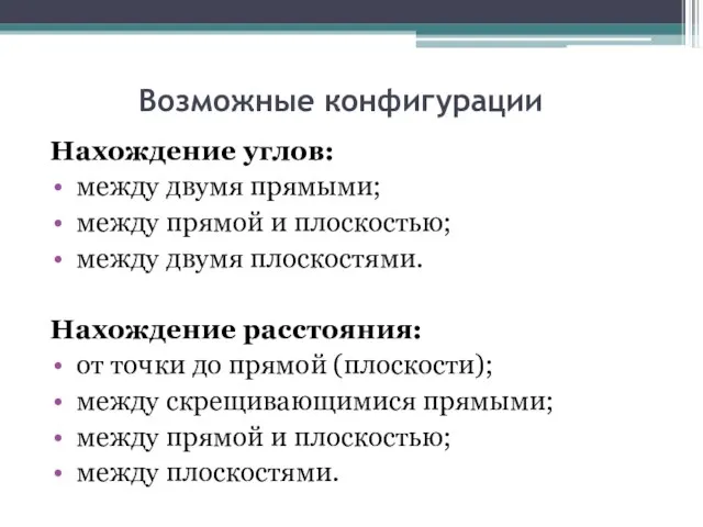 Возможные конфигурации Нахождение углов: между двумя прямыми; между прямой и плоскостью;