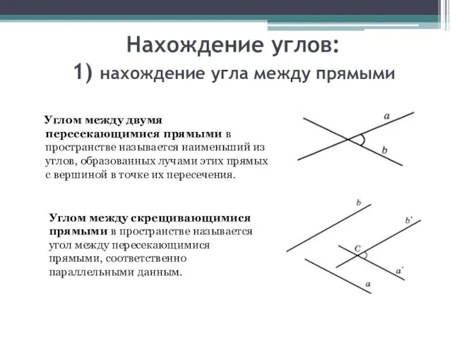 Нахождение углов: 1) нахождение угла между прямыми Углом между двумя пересекающимися