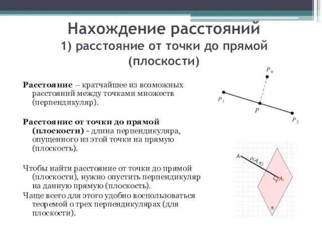 Нахождение расстояний 1) расстояние от точки до прямой (плоскости) Расстояние –