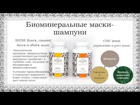 Биоминеральные маски-шампуни SHINE (блеск, сияние) блеск и объём волос CHIC (шик)