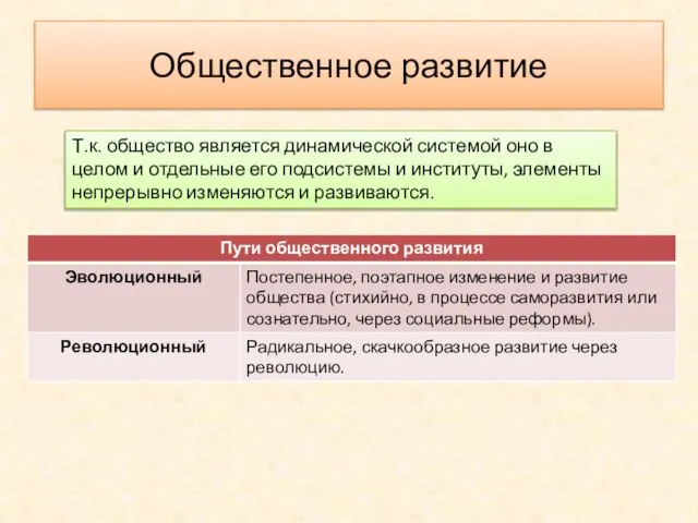 Общественное развитие Т.к. общество является динамической системой оно в целом и