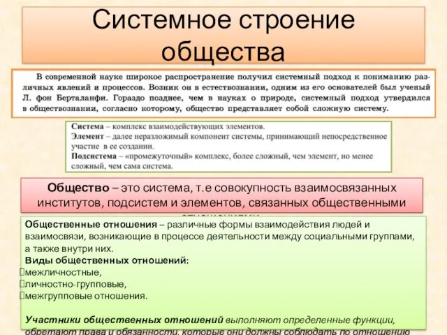 Системное строение общества Общество – это система, т.е совокупность взаимосвязанных институтов,