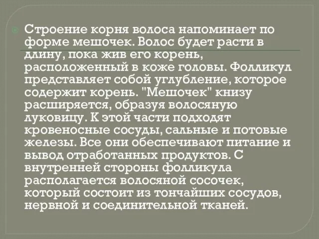 Строение корня волоса напоминает по форме мешочек. Волос будет расти в