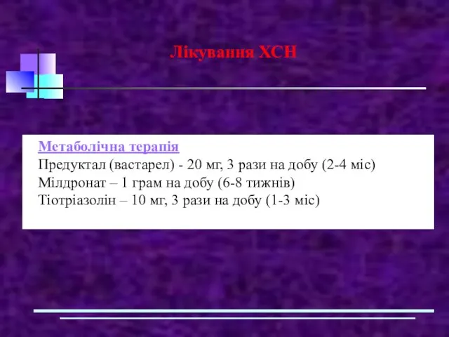 Лікування ХСН Метаболічна терапія Предуктал (вастарел) - 20 мг, 3 рази