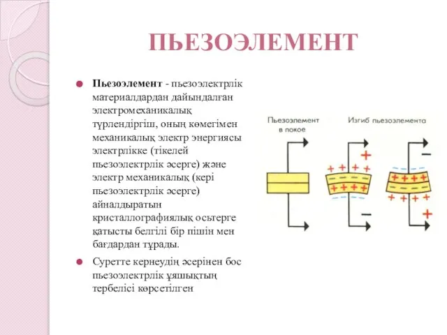 ПЬЕЗОЭЛЕМЕНТ Пьезоэлемент - пьезоэлектрлік материалдардан дайындалған электромеханикалық түрлендіргіш, оның көмегімен механикалық