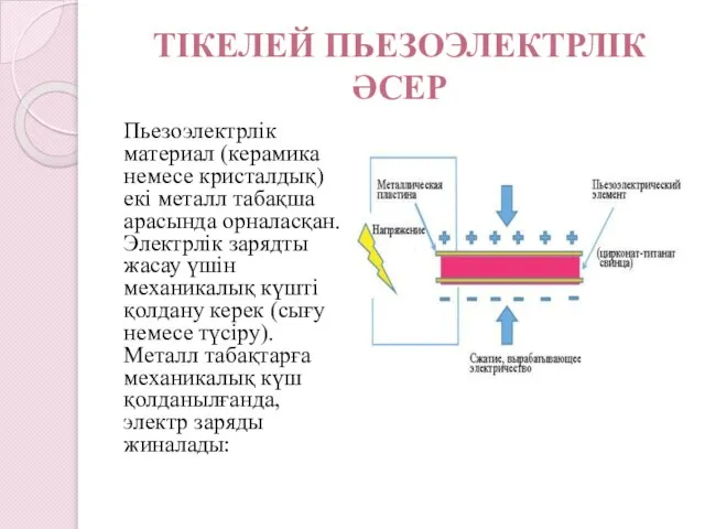 ТІКЕЛЕЙ ПЬЕЗОЭЛЕКТРЛІК ӘСЕР Пьезоэлектрлік материал (керамика немесе кристалдық) екі металл табақша