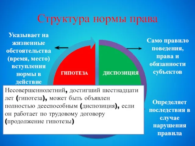 Структура нормы права Указывает на жизненные обстоятельства (время, место) вступления нормы