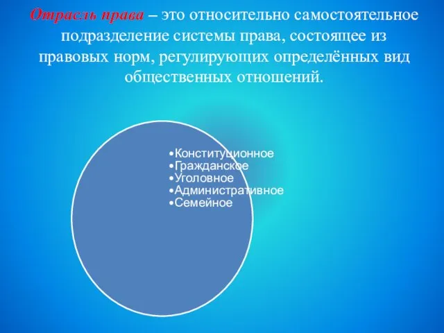 Отрасль права – это относительно самостоятельное подразделение системы права, состоящее из