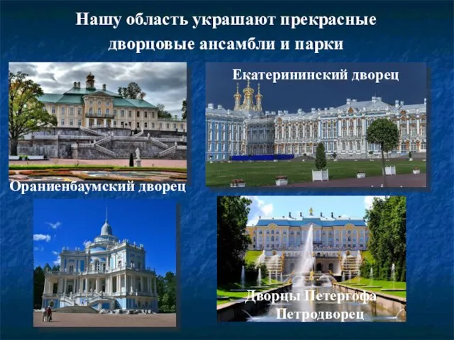 Нашу область украшают прекрасные дворцовые ансамбли и парки Ораниенбаумский дворец Екатерининский дворец Дворцы Петергофа Петродворец