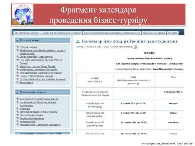 Фрагмент календаря проведення бізнес-турніру © Гальперіна Л.П., Лозовик Ю.М., КНЕУ, 2012-2017