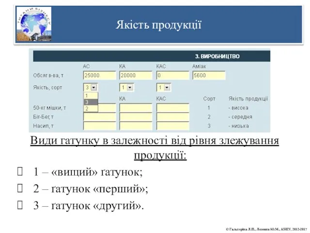 Види гатунку в залежності від рівня злежування продукції: 1 – «вищий»