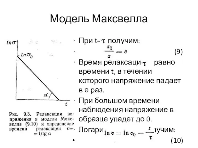 Модель Максвелла При t= получим: (9) Время релаксации равно времени t,