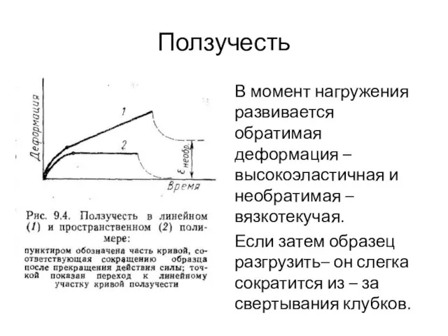 Ползучесть В момент нагружения развивается обратимая деформация – высокоэластичная и необратимая