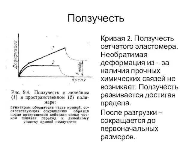 Ползучесть Кривая 2. Ползучесть сетчатого эластомера. Необратимая деформация из – за