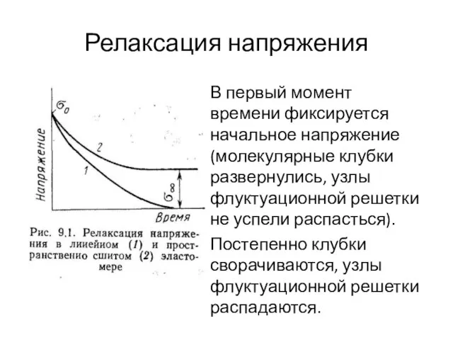 Релаксация напряжения В первый момент времени фиксируется начальное напряжение (молекулярные клубки