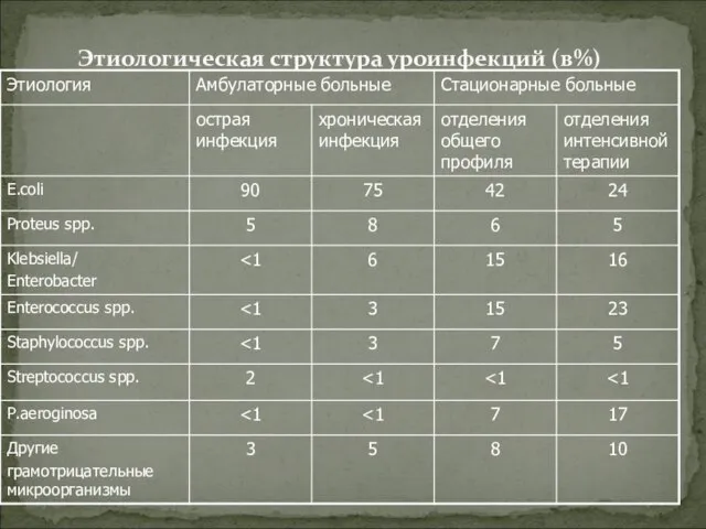 Этиологическая структура уроинфекций (в%)