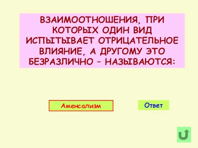 ВЗАИМООТНОШЕНИЯ, ПРИ КОТОРЫХ ОДИН ВИД ИСПЫТЫВАЕТ ОТРИЦАТЕЛЬНОЕ ВЛИЯНИЕ, А ДРУГОМУ ЭТО БЕЗРАЗЛИЧНО – НАЗЫВАЮТСЯ: Ответ Аменсализм