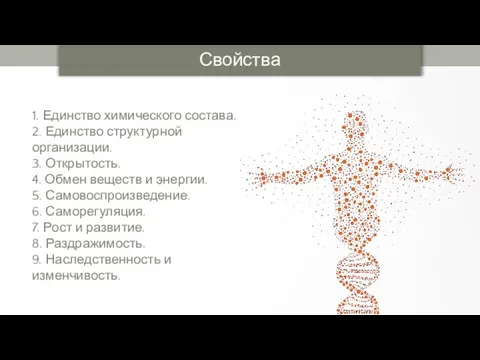 1. Единство химического состава. 2. Единство структурной организации. 3. Открытость. 4.