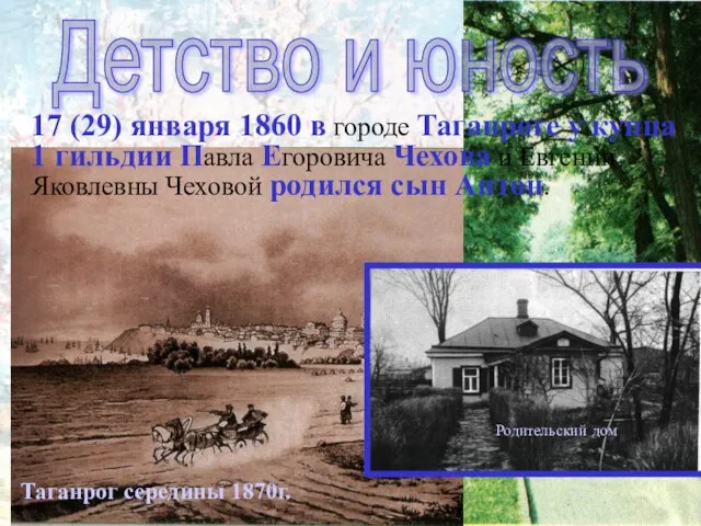 Детство и юность 17 (29) января 1860 в городе Таганроге у