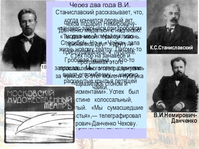 К.С.Станиславский В.И.Немирович-Данченко Через два года В.И.Немирович-Данченко, вместе с К.С.Станиславским только что