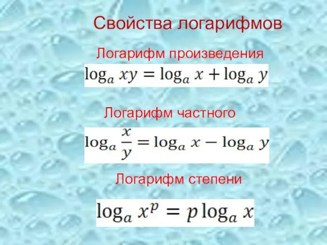 Логарифм произведения Логарифм частного Логарифм степени Свойства логарифмов