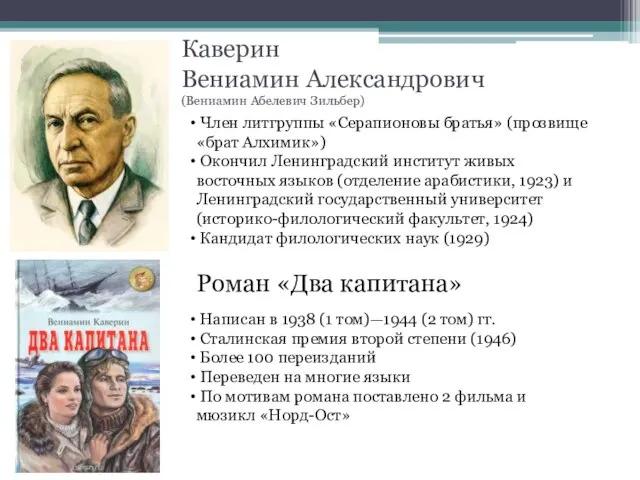 Каверин Вениамин Александрович (Вениамин Абелевич Зильбер) Член литгруппы «Серапионовы братья» (прозвище