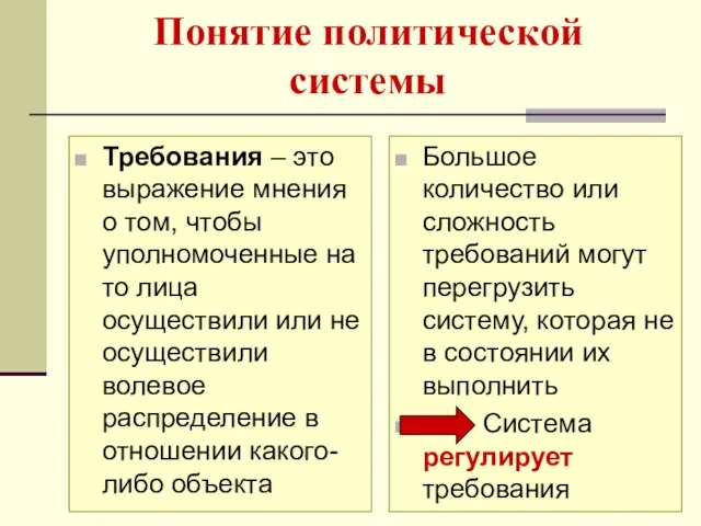 Понятие политической системы Требования – это выражение мнения о том, чтобы