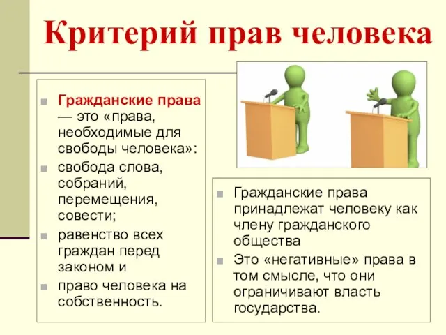 Критерий прав человека Гражданские права — это «права, необходимые для свободы