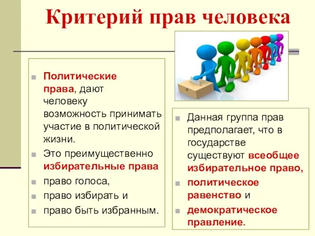 Критерий прав человека Политические права, дают человеку возможность принимать участие в