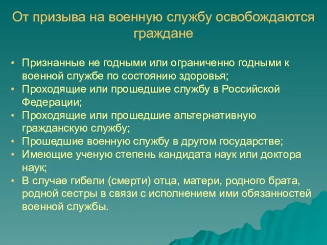 От призыва на военную службу освобождаются граждане Признанные не годными или