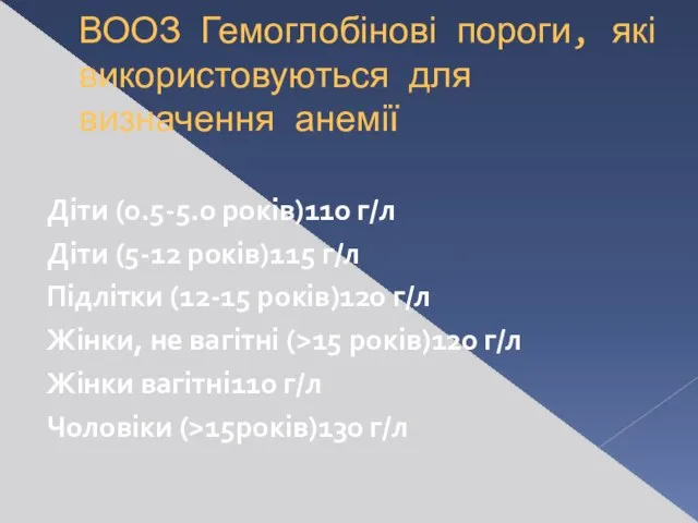 ВООЗ Гемоглобінові пороги, які використовуються для визначення анемії Діти (0.5-5.0 років)110