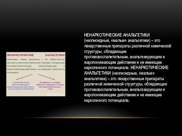 НЕНАРКОТИЧЕСКИЕ АНАЛЬГЕТИКИ (неопиоидные, «малые» анальгетики) – это лекарственные препараты различной химической