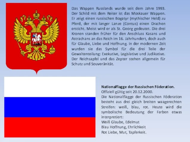 Nationalflagge der Russischen Föderation. Offiziell gültig seit 20.12.2000. Die Nationalflagge der