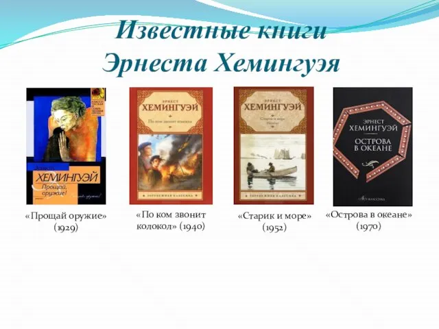 Известные книги Эрнеста Хемингуэя «По ком звонит колокол» (1940) «Прощай оружие»